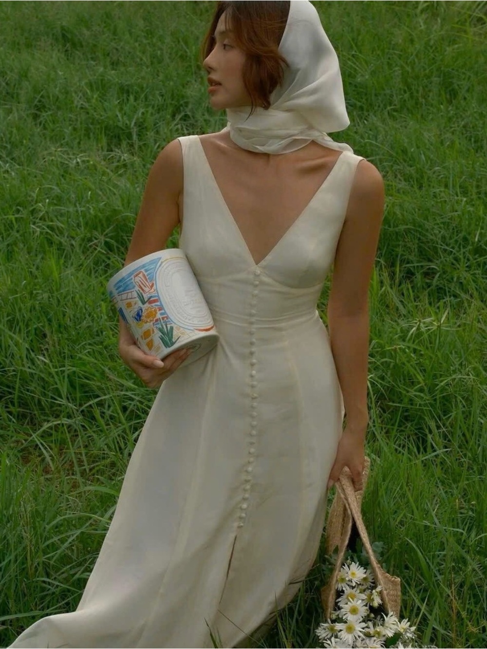 Bridal Elegant Cream V-Neck Button-Front Maxi Dream